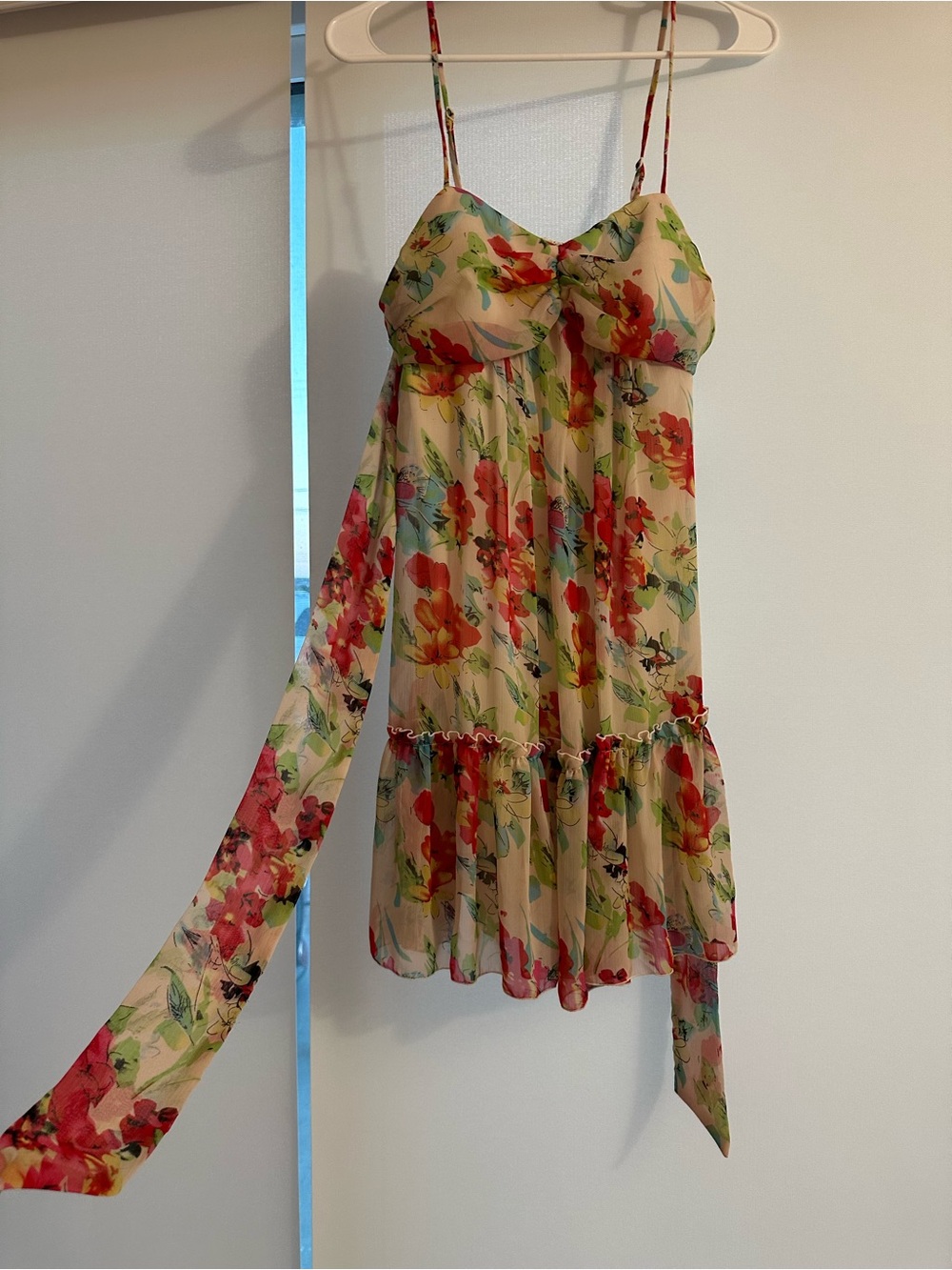 Alyn Paige Cream Floral Spaghetti Strap Dress with Red & Green Accents